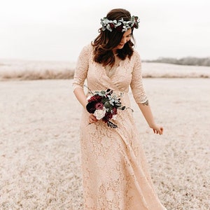 Boho pink blush lace wrap dress ,Pastel wedding dress #1124