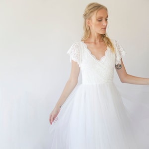 Fairy ivory wrap lace bohemian wedding dress, butterfly sleeves and puffy tulle #1293