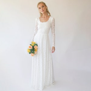 Ivory Square Neckline Vintage inspired Wedding Dress, Bohemian Lace ,Long Sleeves dress 1282