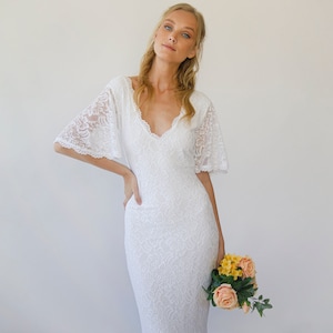 Sheath wedding dress ,Ivory Bohemian butterfly Sleeves V neckline wedding dress #1294