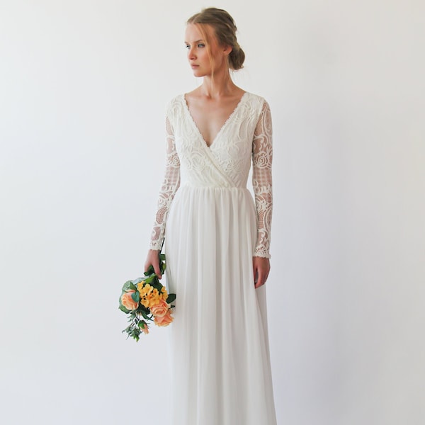 Ivory Wrap bohemian lace wedding dress with chiffon dress #1242