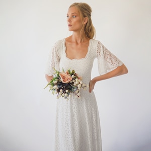 Ivory Square Neckline wedding dress , Bohemian butterfly sleeves 1276