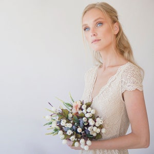 Champagne Lace Wedding Dress: Bohemian Cap Sleeve Gown