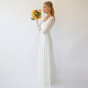 Ivory Square Neckline Vintage inspired Wedding Dress, Bohemian Lace ,Long Sleeves dress 1282