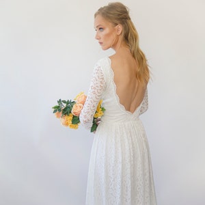 Ivory Vintage Bohemian Lace Long Sleeves, Open back wedding dress,  1292