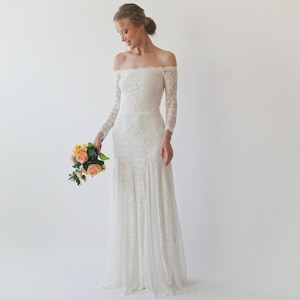 Ivory Lace Off-Shoulder Wedding Dress: Long Sleeve Bohemian Mermaid Gown