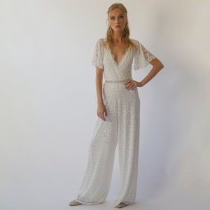 Bohemian Ivory butterfly sleeves bridal Lace Jumpsuit with belt , Bridal romper #1309