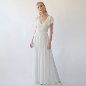 Ivory  Lace Flutter Sleeves wedding dress, bohemian Vintage Style with chiffon mesh skirt #1285