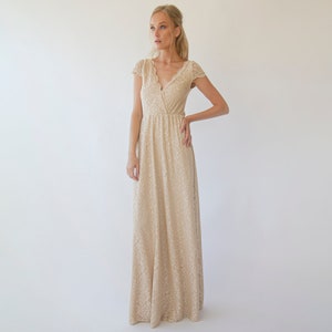 Cape sleeves lace wedding dress, Champagne Bohemian wedding dress 1289