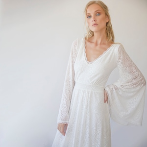 Ivory Bohemian V neckline wedding dress with bell sleeves #1284