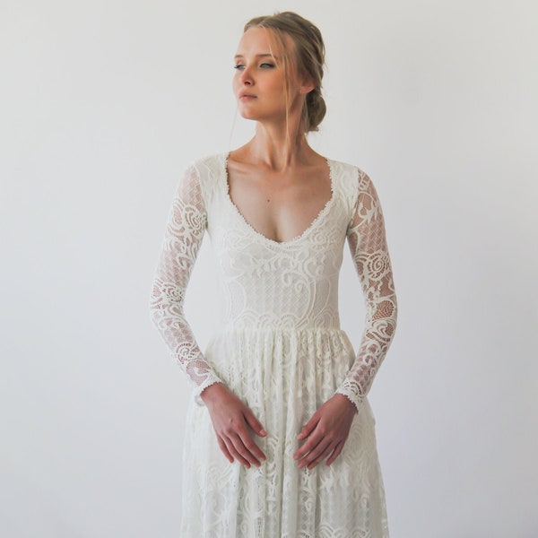 Diamond neck Ivory wedding dress with pockets ,bohemian wedding dress,  lace long sleeves dress #1243