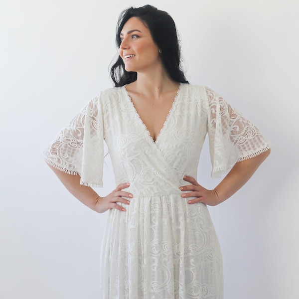 Bestseller Butterfly Sleeves Boho Ivory wedding dress with pockets #1267