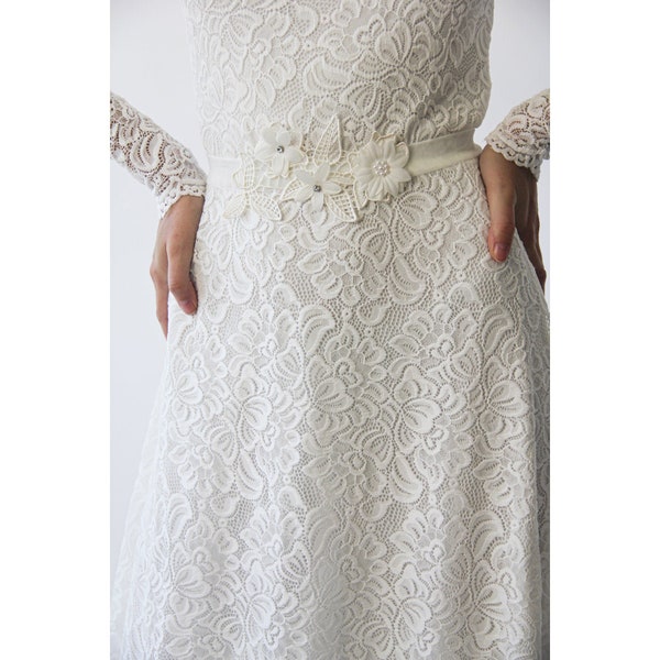 Ivory Long sleeves boat neckline modest wedding dress with floral sash belt  #1296