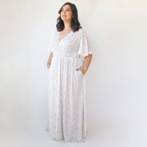 Ivory lace with blush lining dress ,Butterfly Sleeves Ivory wedding dress with pockets #1314