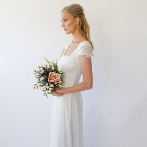 Vestido de novia de malla de gasa y encaje con escote cuadrado marfil #1299