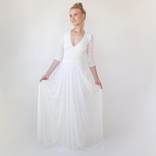 Empire-Taille Maxikleid ,Boho V-Ausschnitt ,Ivory Dress mit Armband Ärmeln #1366