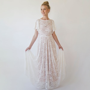 Lace ivory flutter sleeve dress , with a separate blush underlining dress  #1368