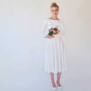 Silky Satin Off-Shoulder Midi Wedding Dress: Long Sleeves Ivory Gown
