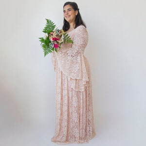 Blush Pink Lace Bohemian Flare Sleeves Lace Dress ,Pastel wedding dress #1329