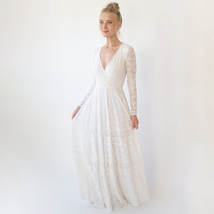 Bohemian lace wedding dress  wrap neckline with fringes #1363