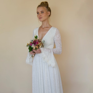 Ivory wrap lace wedding dress with long poet sleeves #1364