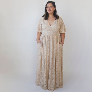 Curvy Butterfly Sleeves Champagne wedding dress with pockets #1331