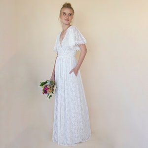 Ivory Pearl lace bohemian wedding dress with pockets #1345