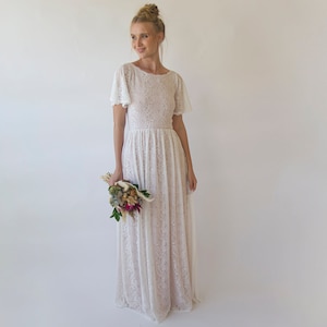 Vintage Lace Wedding Dress , Short Sleeves Modest Pearly wedding dress  #1346