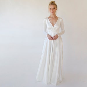 Ivory Satin Wrap Wedding Dress: Minimalist Long Sleeve Gown