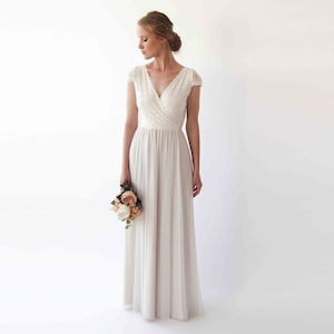 Ivory Lace Wedding Dress: Champagne Chiffon Skirt, Cape Sleeves