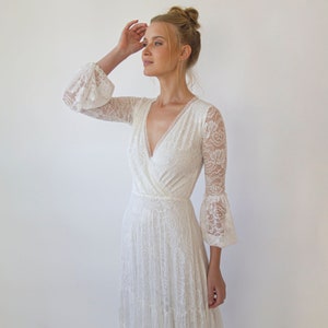 Boho Bestseller Gipsy layered Boho Skirt, Maxi lace wedding dress, Wrap neckline, Puffy bracelet sleeves #1365