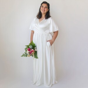 Silky Wrap dress Butterfly Sleeves Ivory wedding dress with pockets #1344