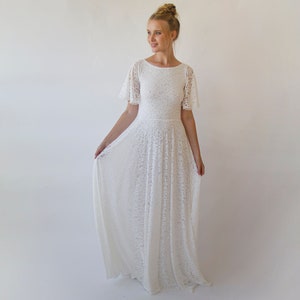 Bohemian Butterfly Sleeves , Modest Ivory wedding dress with pockets #1318