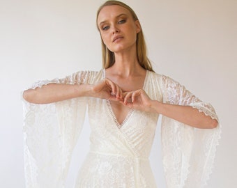 Mangas de ángel, vestido boho, vestido de novia de encaje maxi con abertura, estilo vintage#1406