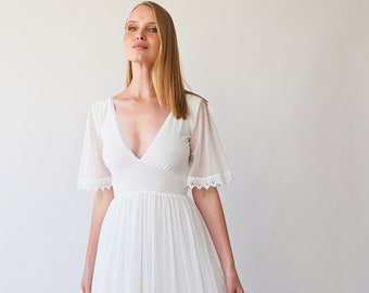 Romantic Chiffon Wedding dress, Vintage Butterfly Short Sleeves ,Ivory Wedding Dress #1399
