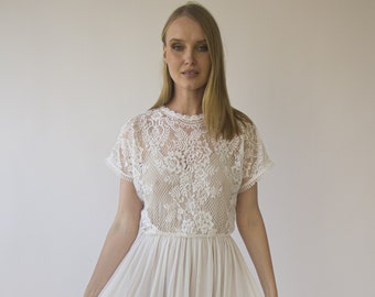 Pearly Lace Illusion Neckline wedding dress with Batwing short sleeves, circle mash chiffon skirt#1413