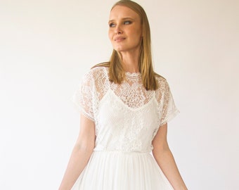 Ivory Lace Wedding Dress: Bohemian Chiffon Skirt, Batwing Sleeves