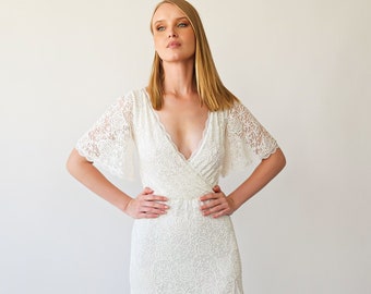 Ivory Wrap neckline, fit and flair Mermaid godet skirt, short cape butterfly sleeves, vintage wedding dress #1402