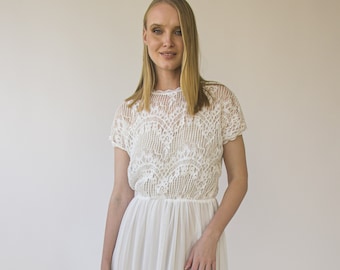 Vintage Ivory Crocheted Lace Illusion Neckline wedding dress with Batwing short sleeves, circle mash chiffon skirt  #1414