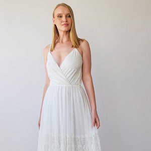 Ivory Bohemian Wrap Straps Lace and Chiffon Wedding Dress with Gipsy Skirt , Open back dress#1401
