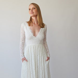 Empire waist maxi dress, Bohemian V-neckline ,Ivory wedding dress with pockets, Open Back lace bridal gown #1388
