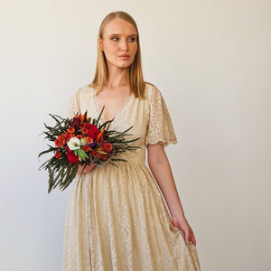 Champagne Lace Bohemian Wedding Dress: V-Neck Wrap, Butterfly Sleeves, Pockets