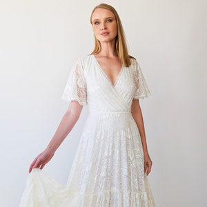 Gipsy layered Bohemian Skirt, Maxi lace wedding dress, Wrap neckline, Short Butterfly sleeves #1400