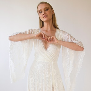 Angel Sleeves, Gipsy layered Bohemian Dress, Maxi lace wedding dress with a slit, Vintage style1406 image 1