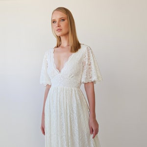 Maternity Butterfly Sleeves Ivory Bohemian Empire Lace Wedding Dress with Open back  #1383