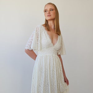 Butterfly Sleeves Ivory Bohemian Empire Lace Wedding Dress with Open back 1383 image 1
