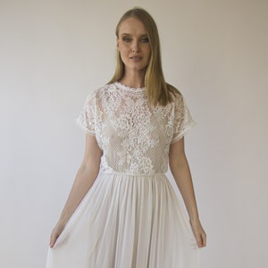 Pearly Lace Illusion Neckline wedding dress with Batwing short sleeves, circle mash chiffon skirt#1413