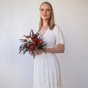 Gipsy layered Bohemian Skirt, Maxi lace wedding dress, Wrap neckline, Short Butterfly sleeves #1400