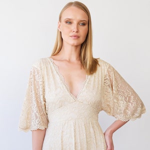 Butterfly Sleeves Light Champagne Whimsical Empire Lace Wedding Dress with Open Back #1384