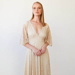 Maternity Butterfly Sleeves Light Champagne Whimsical Empire Lace Wedding Dress with Open Back #1384